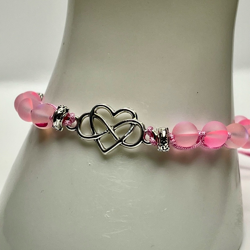 Pink Mermaid Glass with Silver Heart Infinity Bracelet
